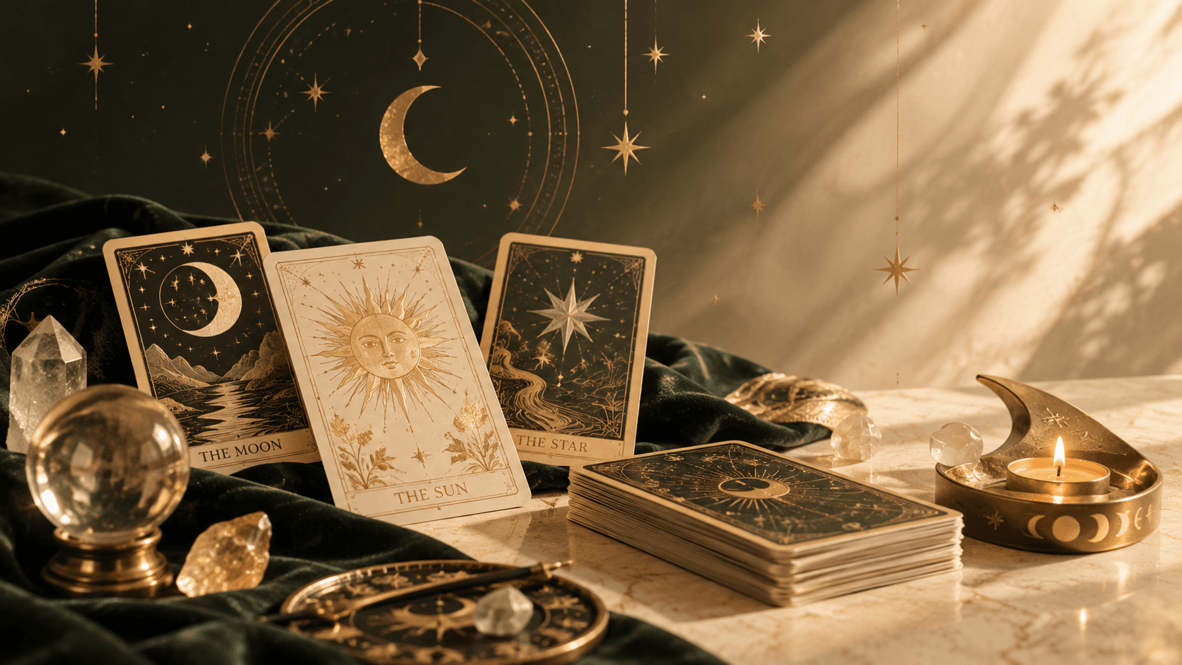 A spiritual still life with tarot cards, candle, flowers and crystals